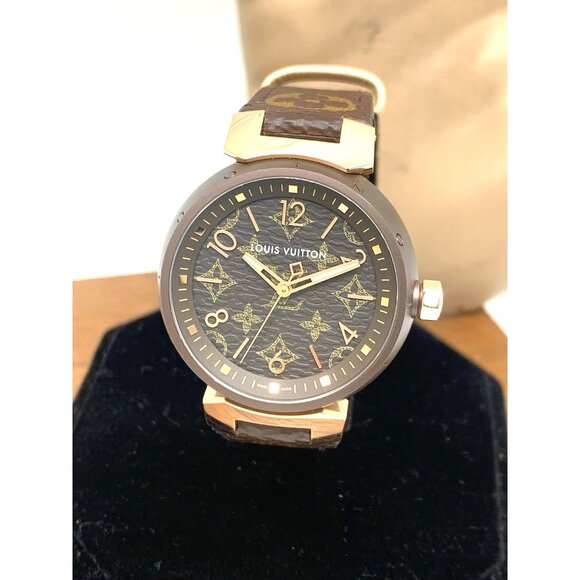 Louis Vuitton LV Women's Watch QA138 Tambour Monogram Swiss 18K Gold Brown Steel - Picture 1 of 16